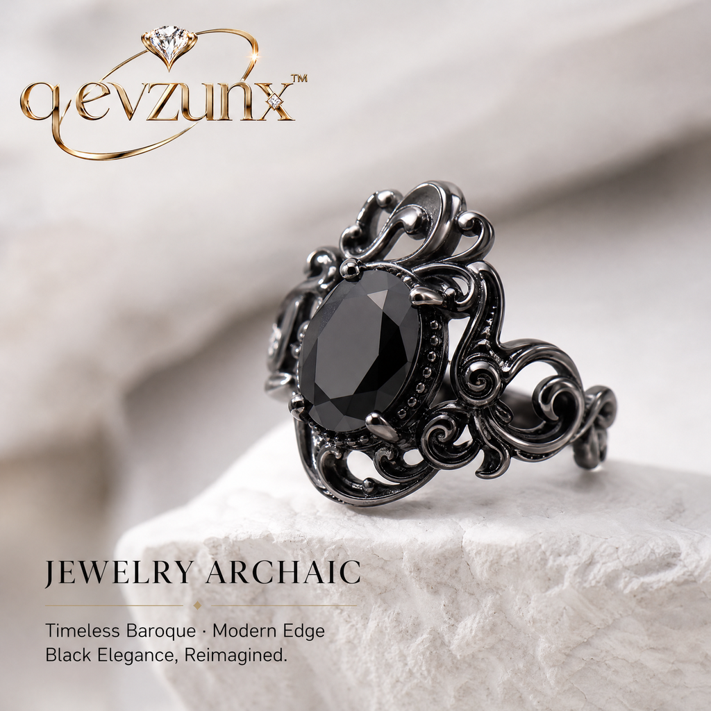 𝒒𝒆𝒗𝒛𝒖𝒏𝒙™ Noir Baroque Black Stone Ring — view 1
