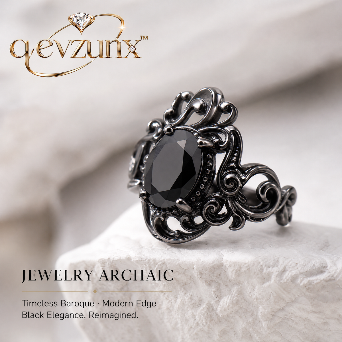 𝒒𝒆𝒗𝒛𝒖𝒏𝒙™ Noir Baroque Black Stone Ring — view 1