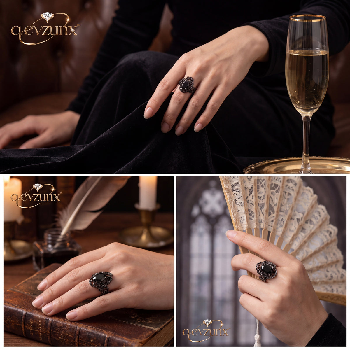 𝒒𝒆𝒗𝒛𝒖𝒏𝒙™ Noir Baroque Black Stone Ring — view 2