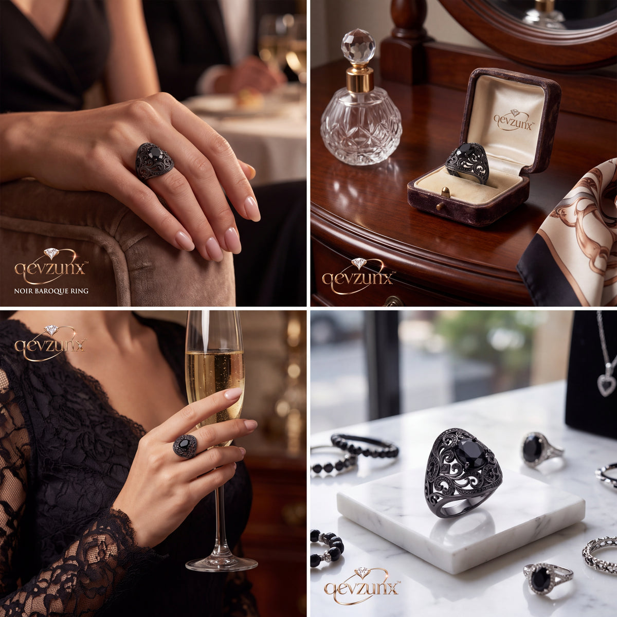𝒒𝒆𝒗𝒛𝒖𝒏𝒙™ Noir Baroque Filigree Ring — view 1